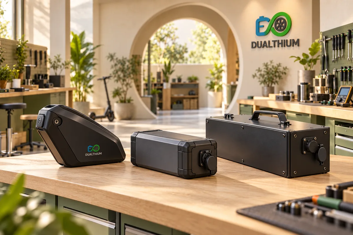 Différents formats de batteries de mobilité électrique dans l’atelier Dualthium, avec le logo au mur