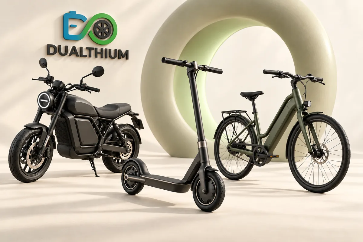 Moto, trottinette et vélo électriques devant un anneau futuriste vert sauge